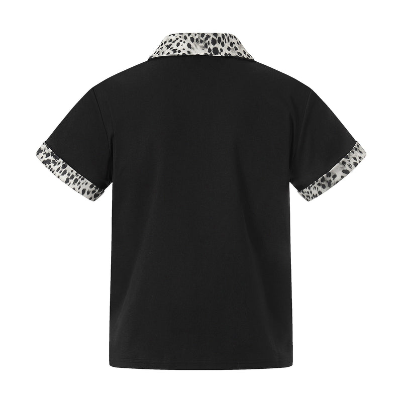 Black quarter-zip polo shirt with leopard print collar and sleeve cuffs, shown from the back on a white background