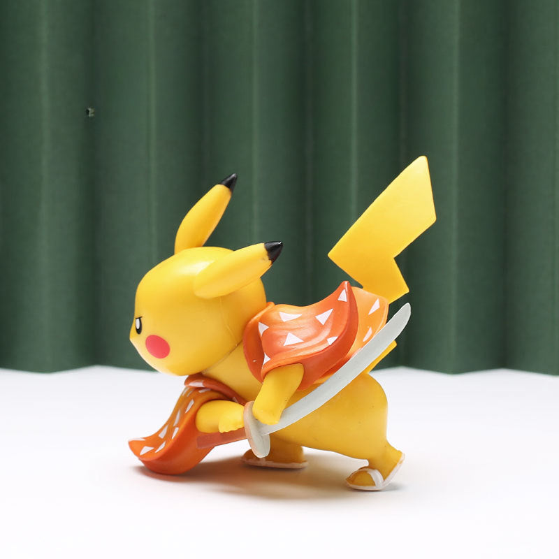 This Demon Slayer Pikachu figurine from the 4-piece set features a yellow, mouse-like creature with large ears and a lightning bolt-shaped tail, carrying salmon sashimi. The background is decorated with green vertical stripes, enhancing its unique charm.