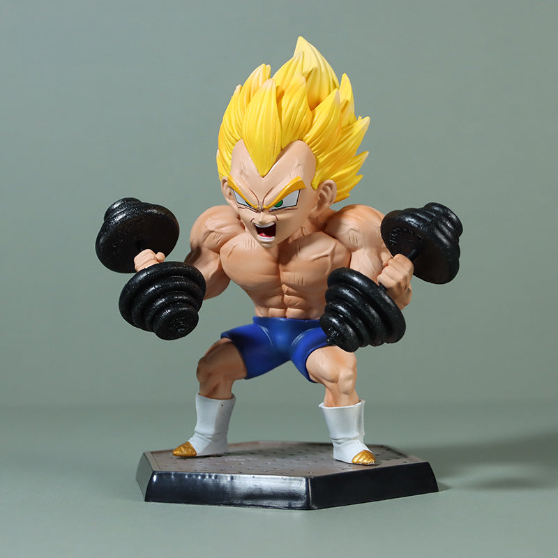 The Seakoff Vegeta Super Saiyan Collectible Figure, standing 17cm tall, features an anime-style design with wild yellow hair and a weightlifting pose holding black dumbbells. It sports blue shorts and white boots, standing with a determined expression on a gray base, capturing the Dragon Ball Z essence.