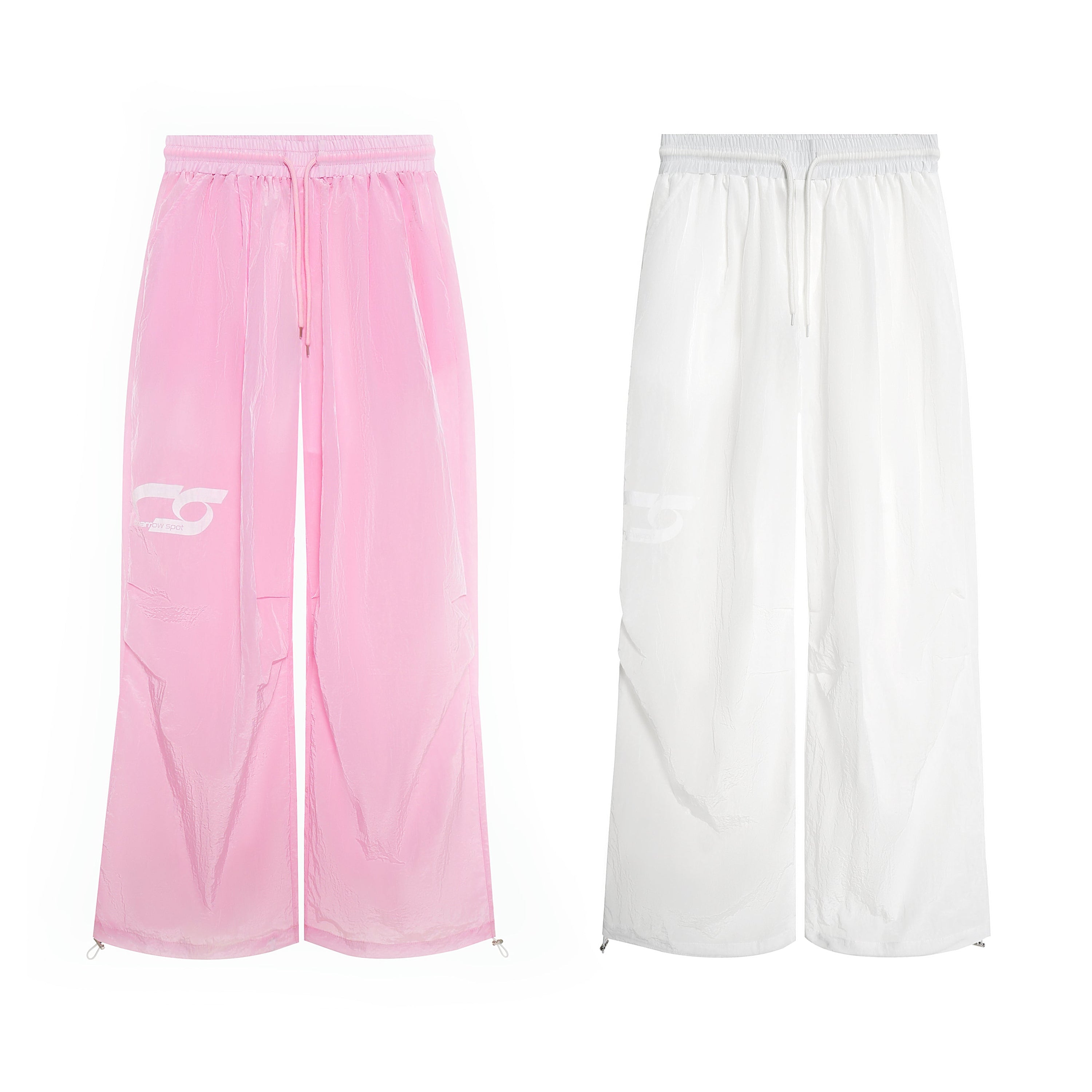 Omirad sheer nylon wide-leg track pants in pink and white with drawstring waist and ankle drawcords