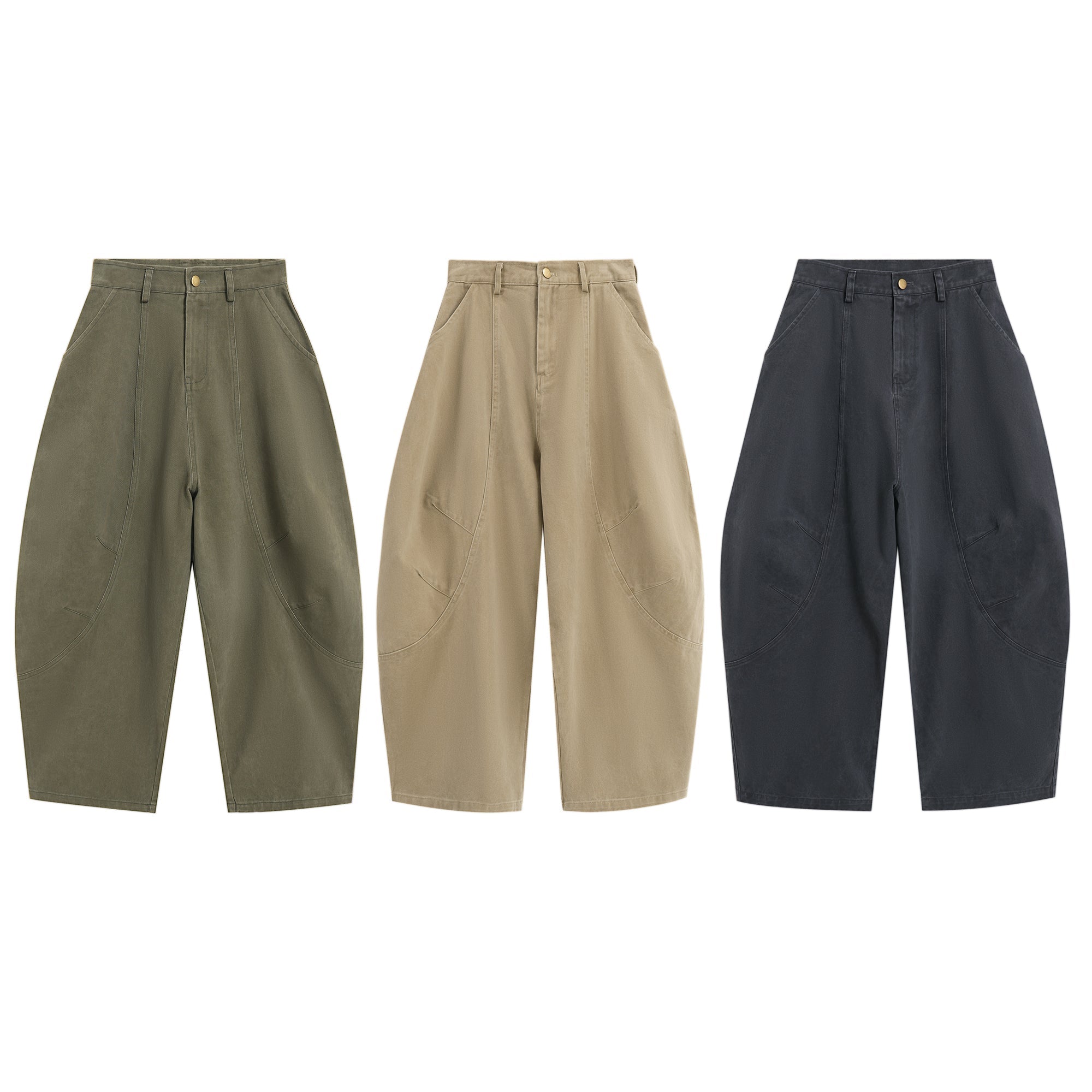 Three pairs of curved-cut barrel leg pants laid flat in army green, khaki, and washed charcoal colorways