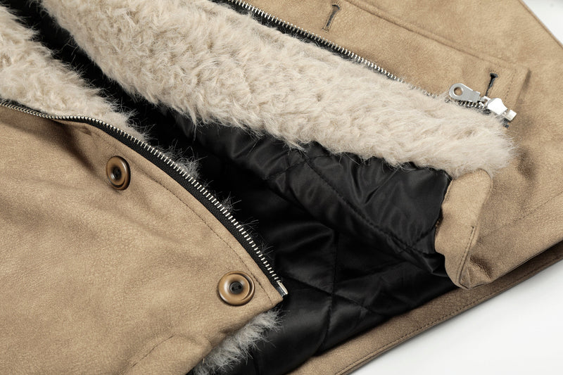 Faux Shearling Collar PU Jacket | Vintage Workwear Style