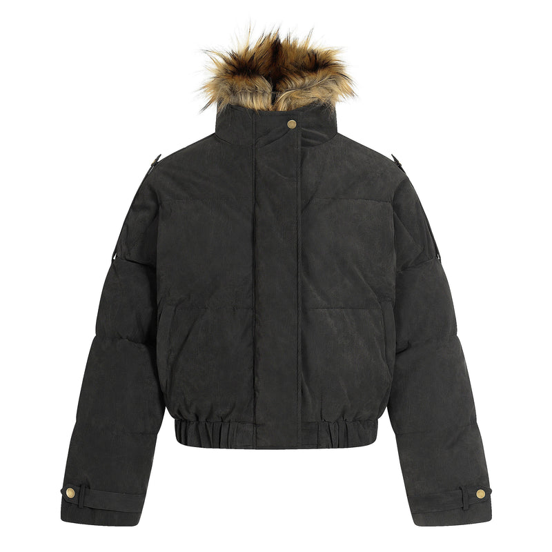 Detachable Faux Fur Collar PU Puffer Jacket | Cropped