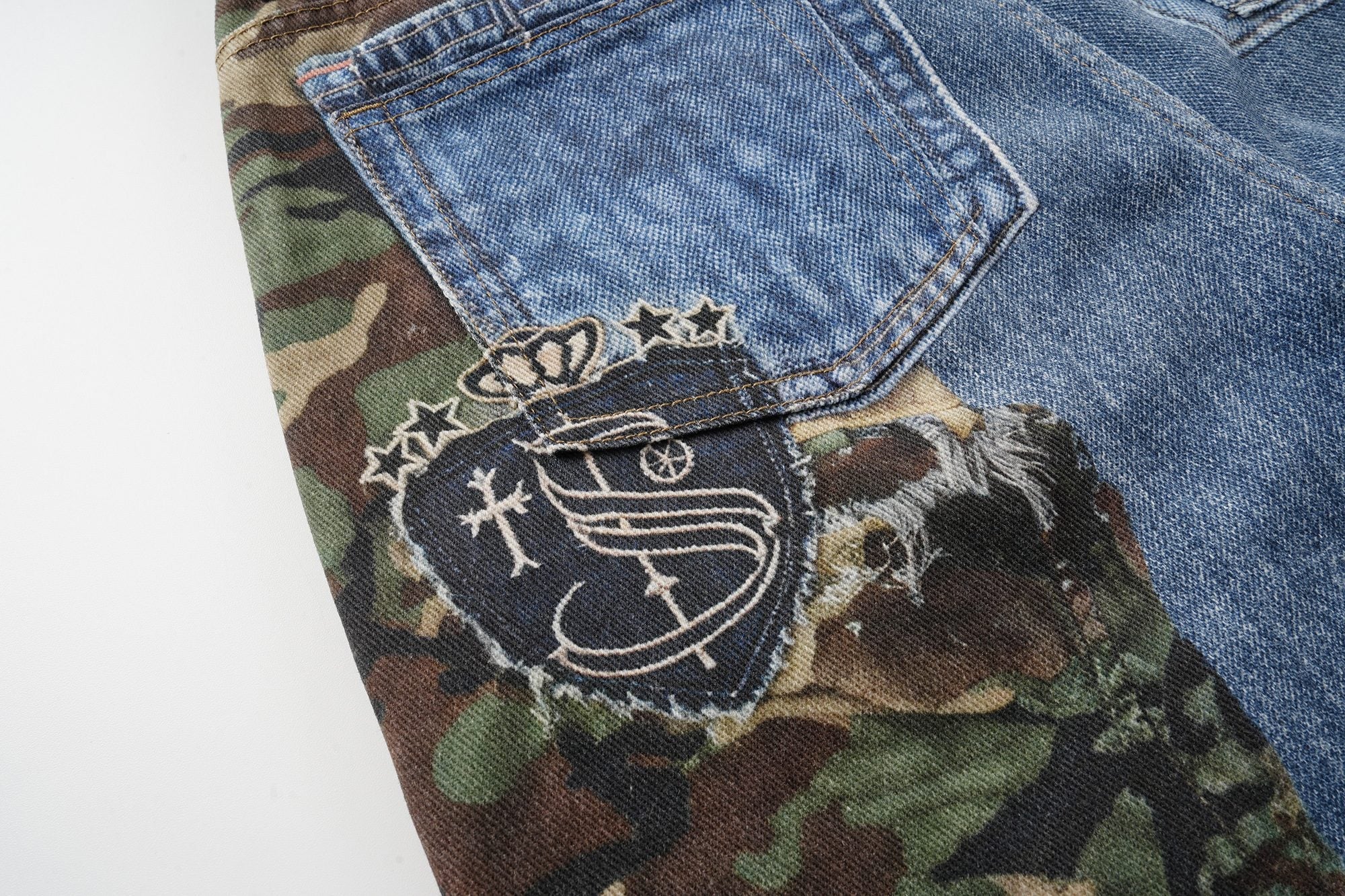 Camo Patch Denim Jorts | Y2K Varsity Streetwear Shorts