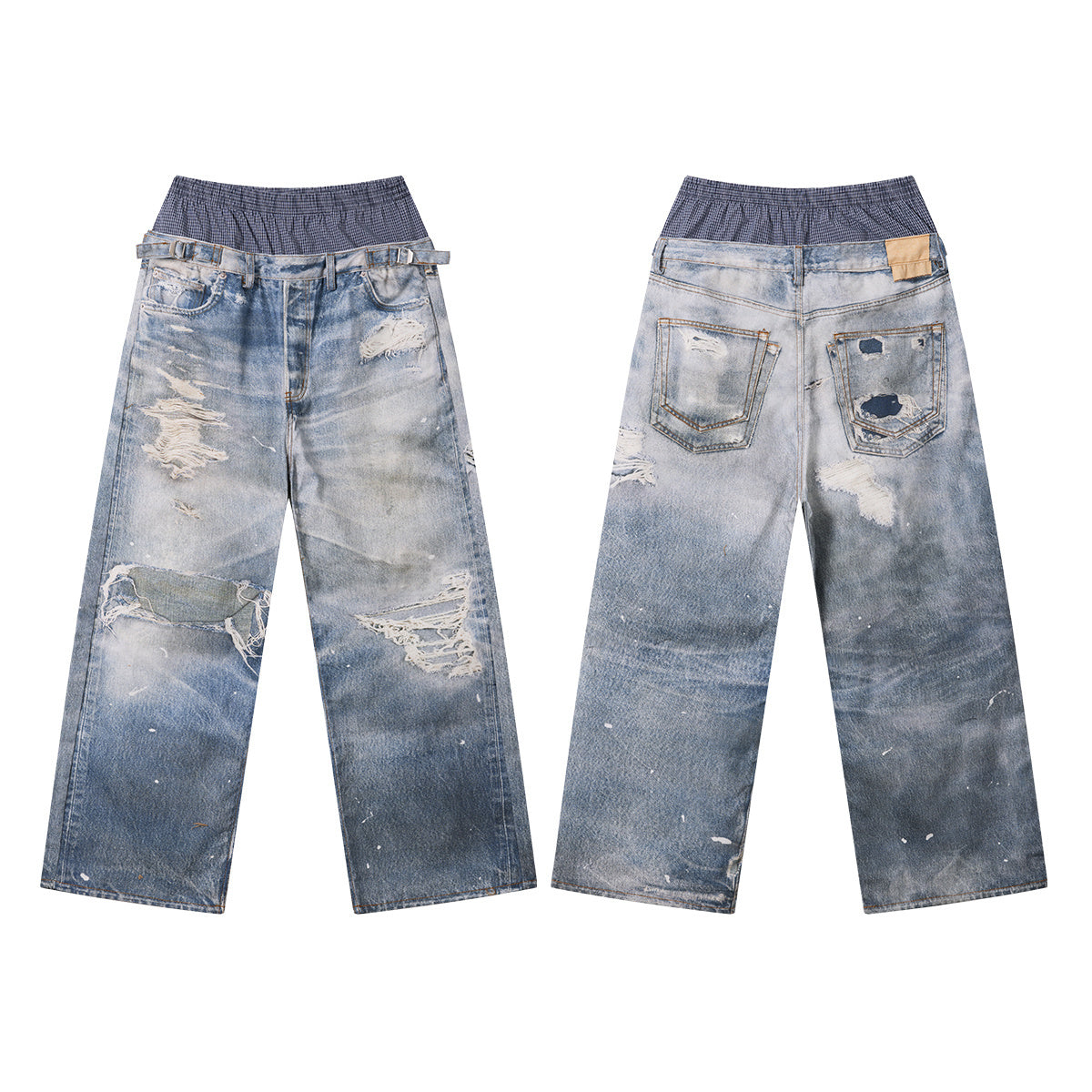 Front and back view of heavily distressed wide-leg jeans with layered waistband and faded blue wash