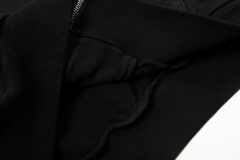 Close-up of black hoodie sleeve cuff and front pocket edge