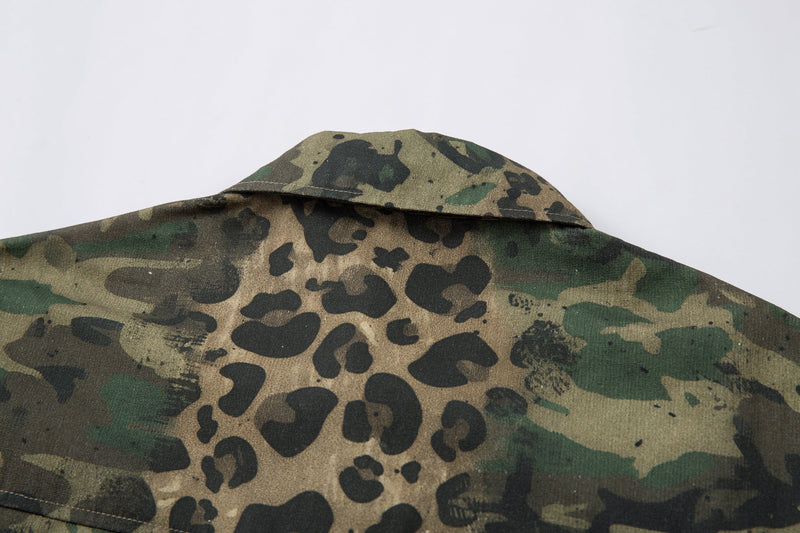 Close-up of back collar on camo leopard utility shirt