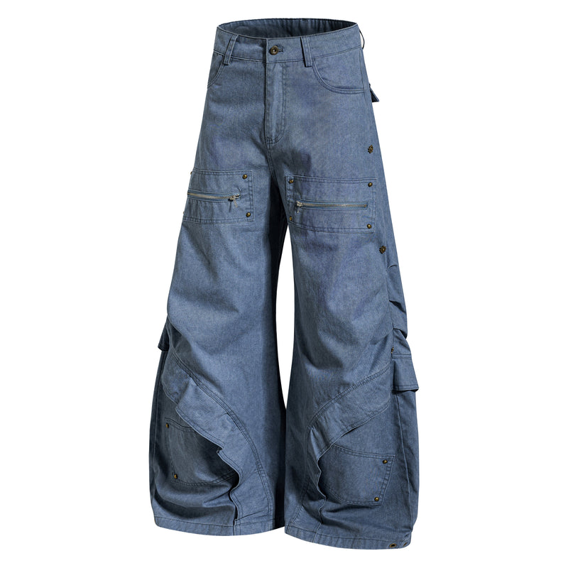 Multi-Zip Panel Cargo Denim Pants | Wide-Leg Streetwear