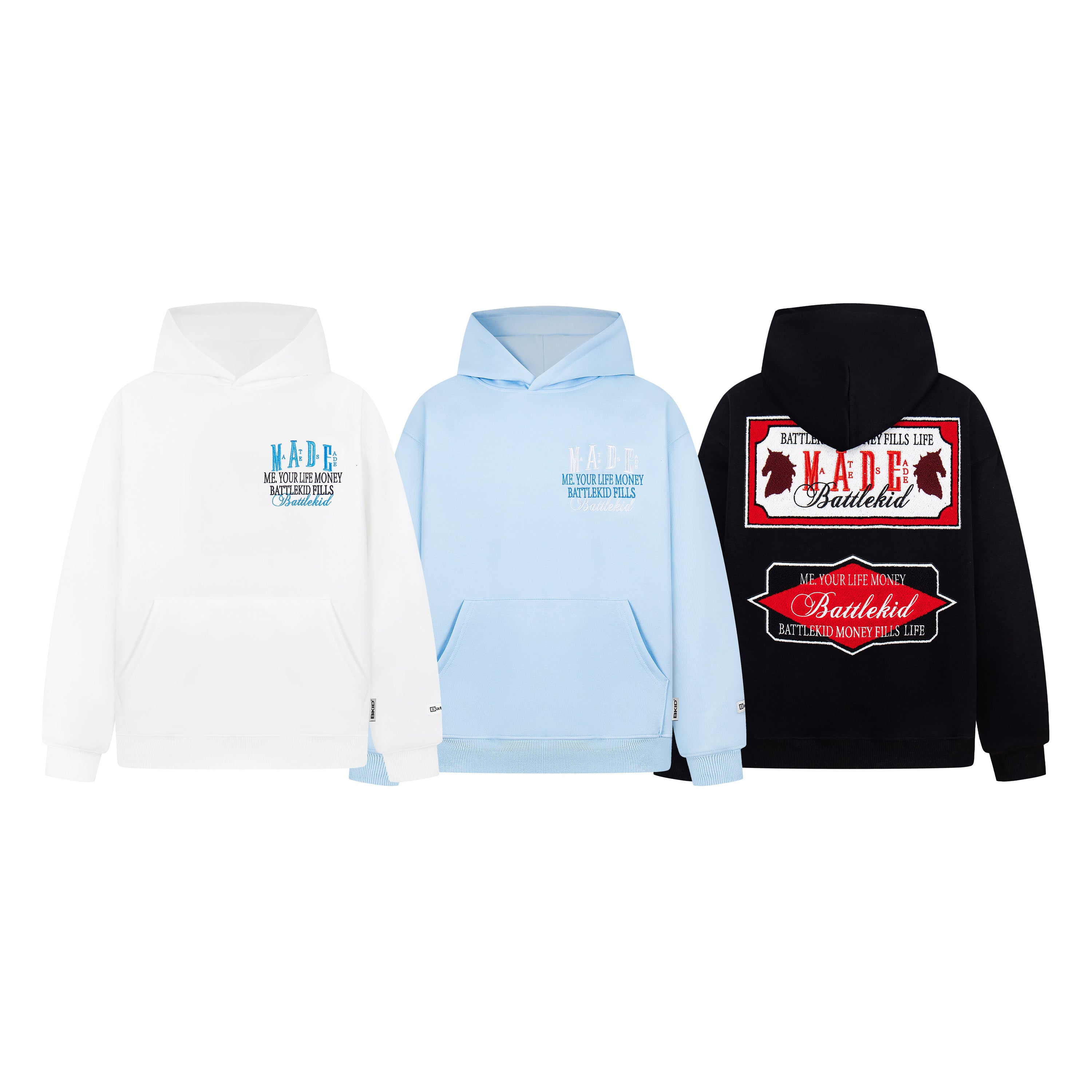 White Battlekid MADE embroidered badge logo hoodie with blue chest stitching and kangaroo pocket, front view