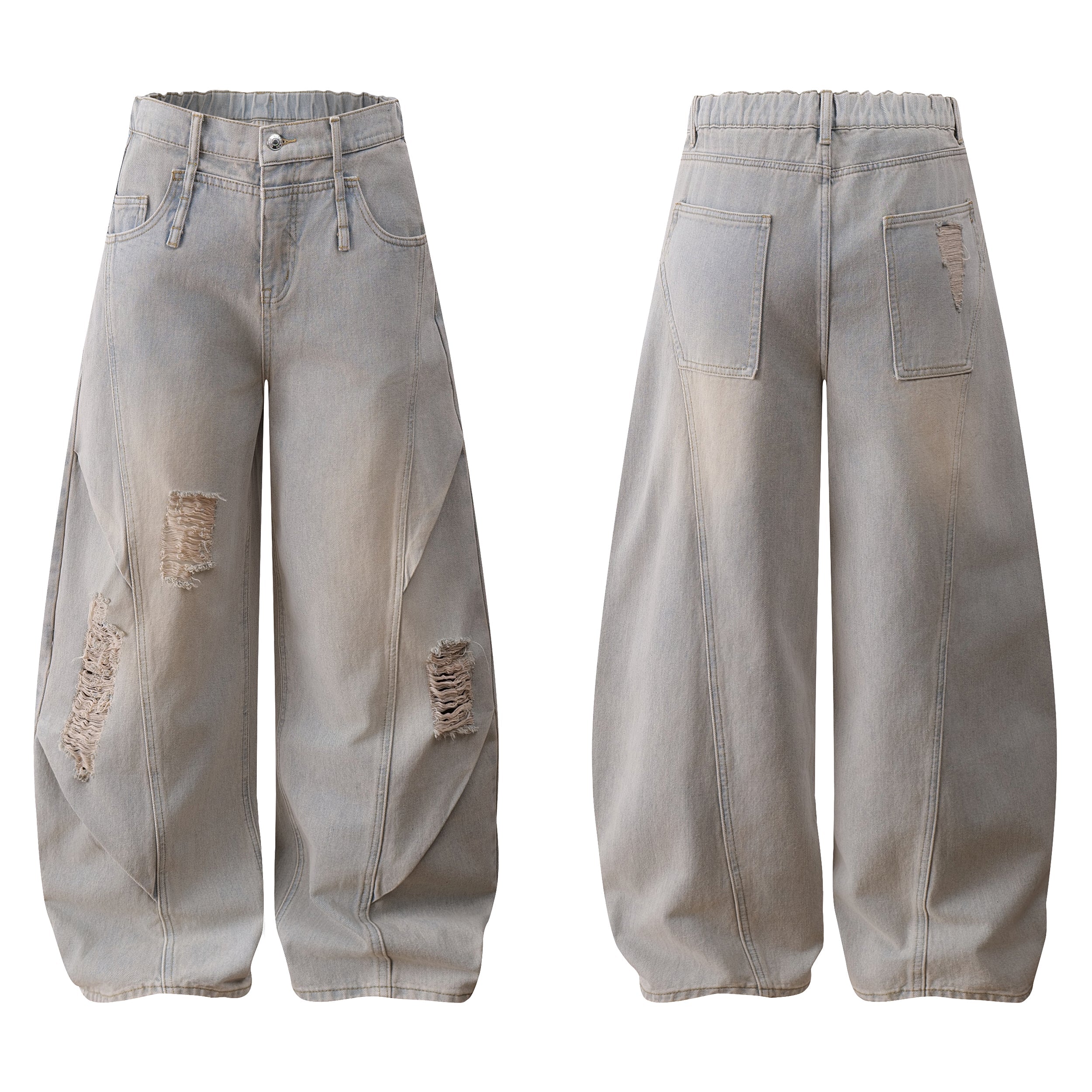 Front view of light grey vintage-washed wide-leg distressed denim jeans with curved seam paneling and ripped detailing