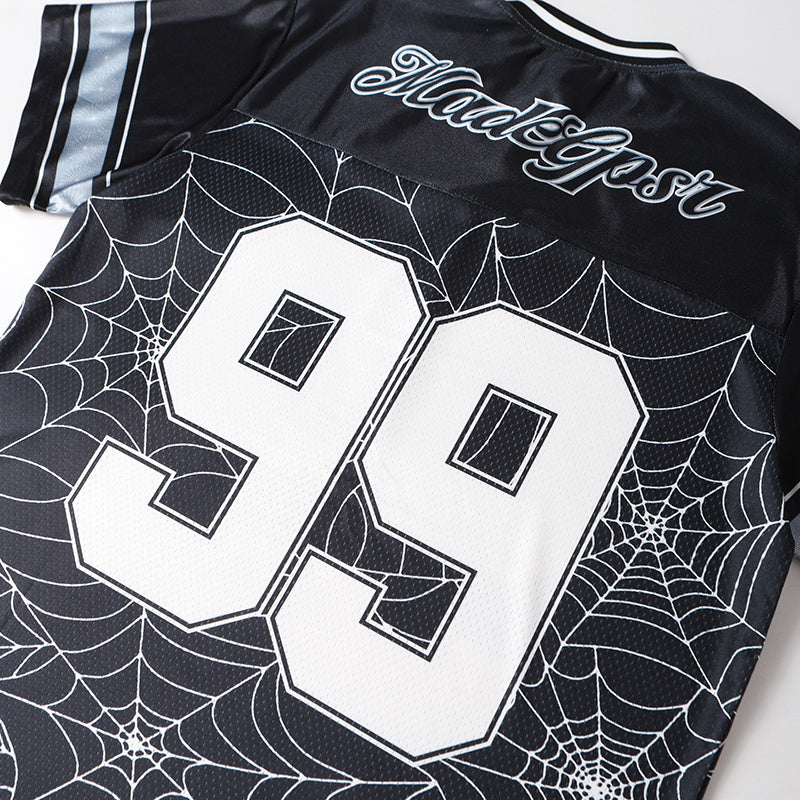 Black mesh football jersey with spider web print and large white 99 graphic, dark streetwear top