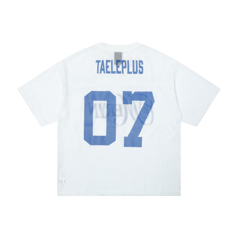 White oversized mesh jersey tee with blue 07 graphic and TAELEPLUS lettering on the back, athletic streetwear style