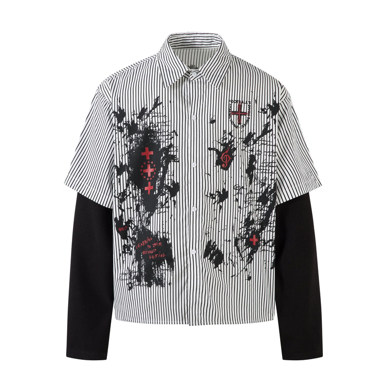 Black and white striped button-up shirt with graffiti-style ink splashes and red graphic crosses, front view
