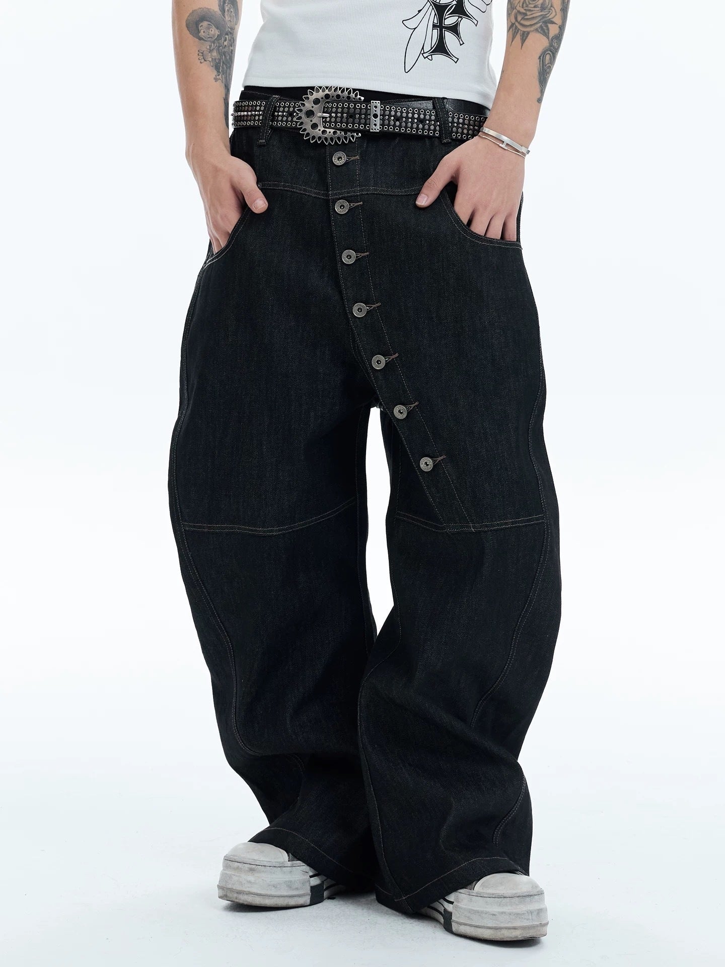 Asymmetric Button Wide-Leg Balloon Denim Pants | SEAKOFF