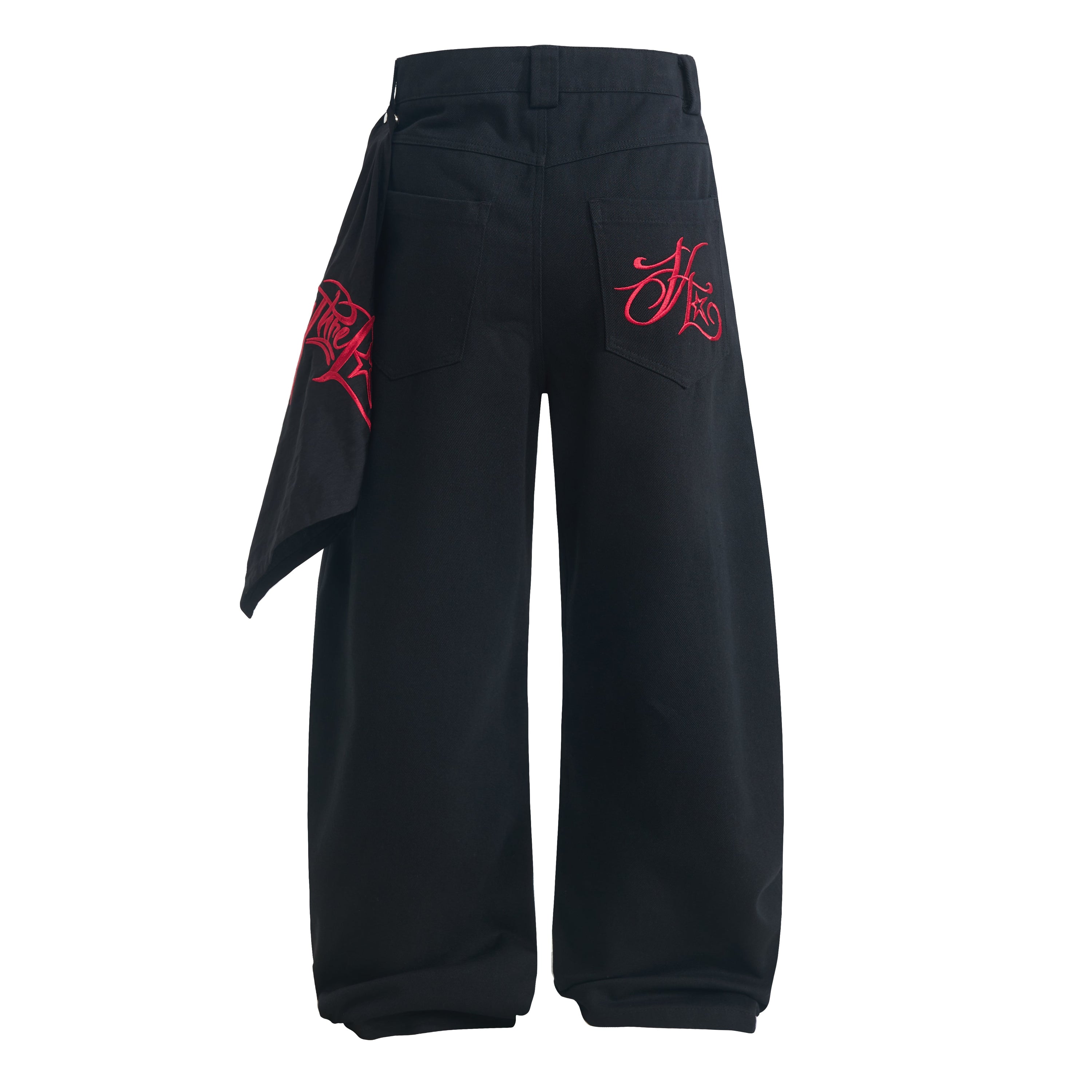 Wide-Leg Jeans with Red Embroidery & Side Drape | SEAKOFF