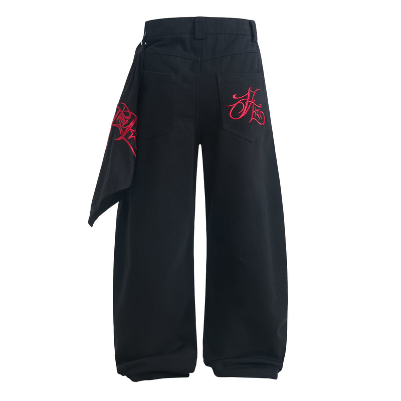 Wide-Leg Jeans with Red Embroidery & Side Drape | SEAKOFF