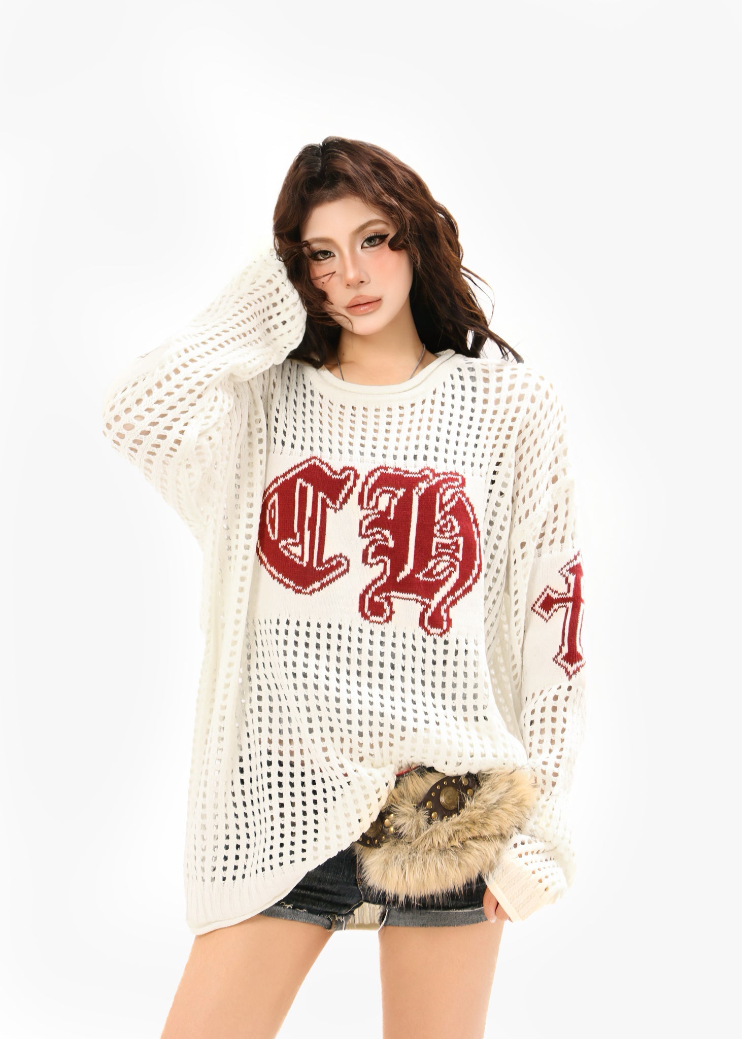 Hollow Knit Crewneck Sweater | Varsity CH Open-Knit Top