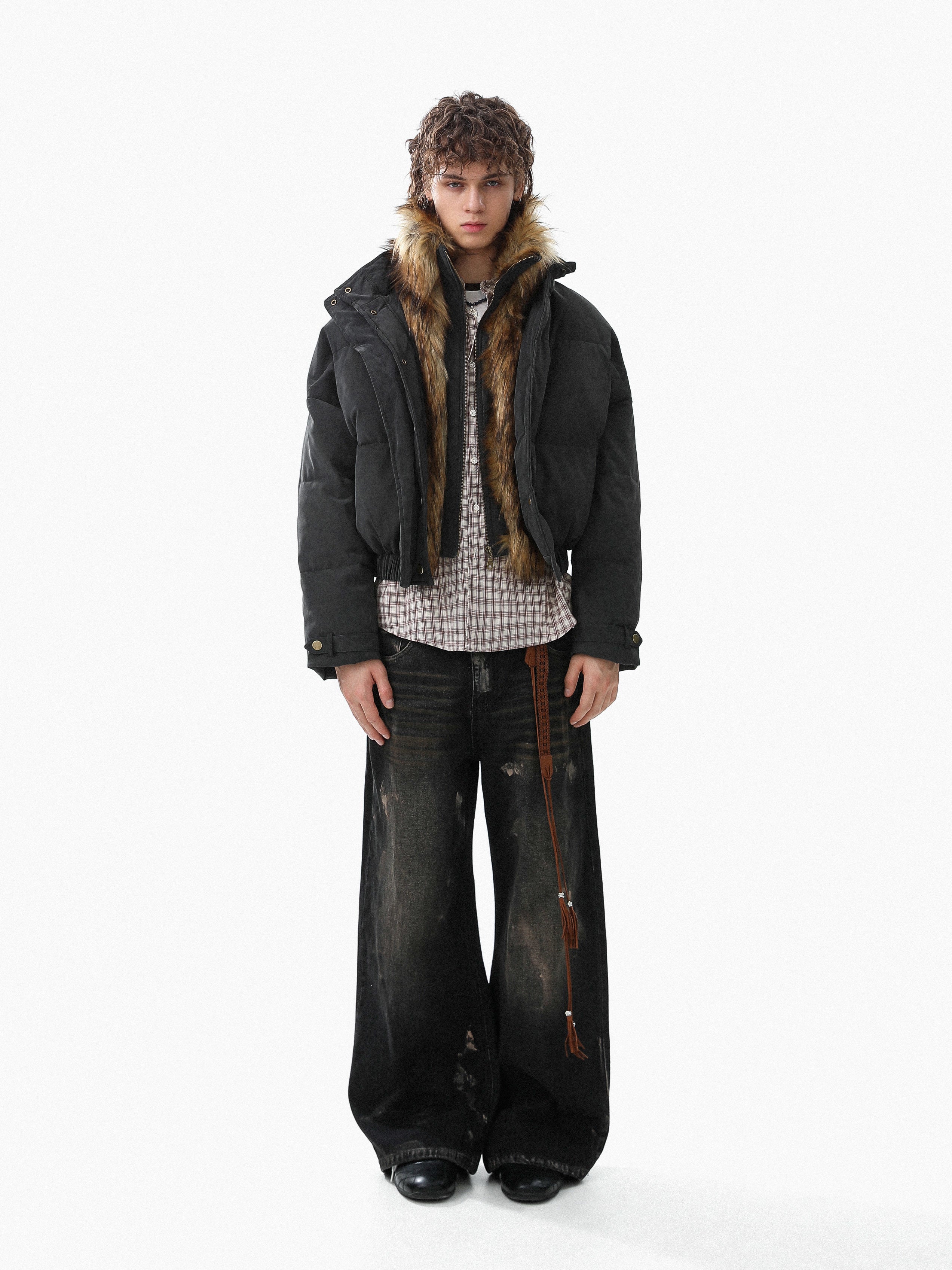 Detachable Faux Fur Collar PU Puffer Jacket | Cropped