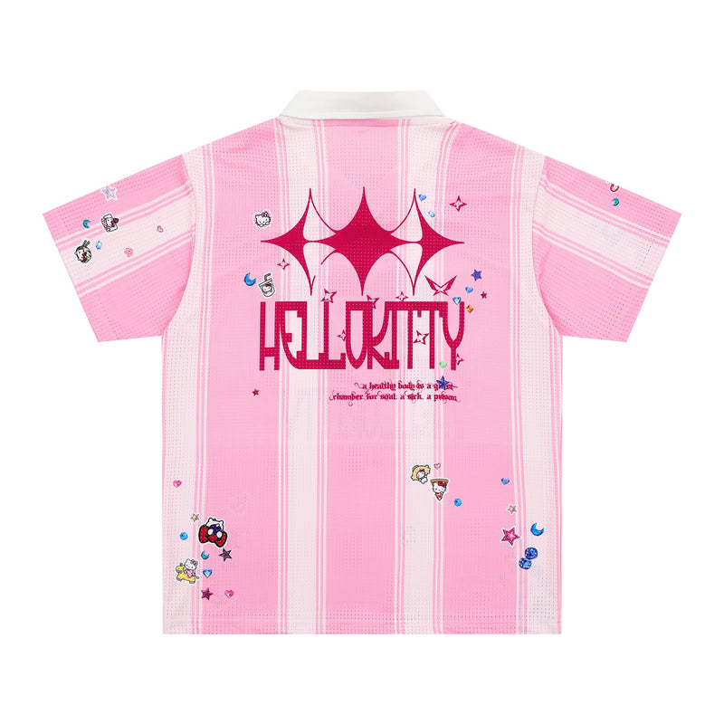 Pink Hello Kitty varsity mesh jersey with striped sleeves, rhinestone-style graphic, and colorful star accents on back