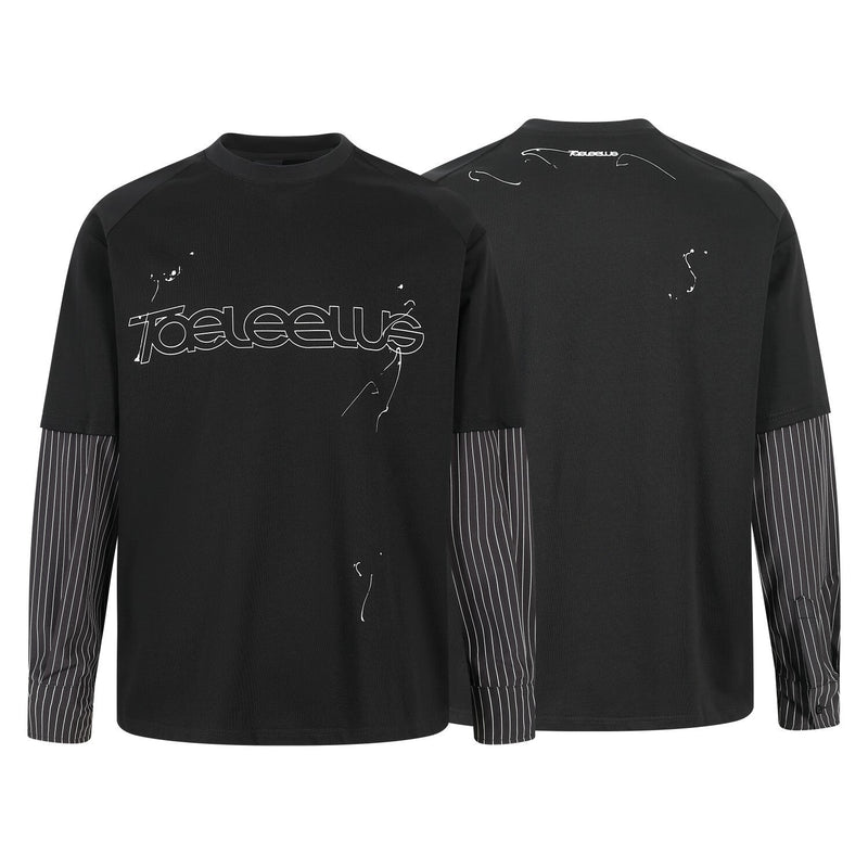 Black layered long sleeve tee shown front and back views with striped sleeves and white graphics