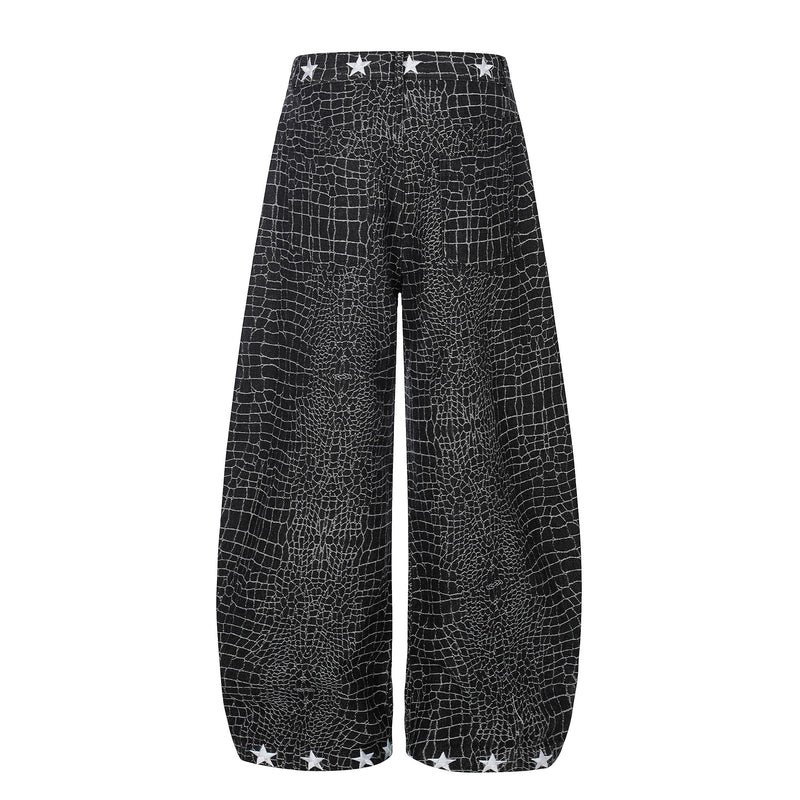 Black wide-leg pants with white star trim, back view