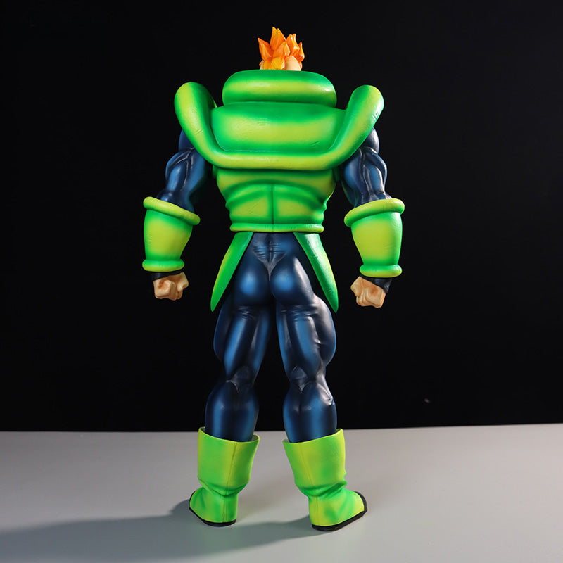 The Seakoff Android 16 Collectible Figure, a 41cm high-detail Dragon Ball Z character with spiky orange hair in a vibrant green and blue outfit, stands heroically on a flat surface against a black background, arms at the sides.