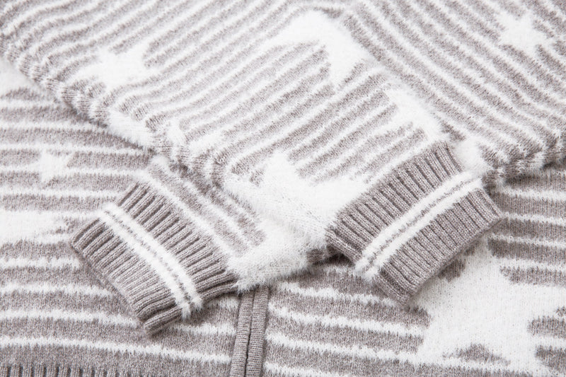 Close-up of the hood lining and faux fur trim on the gray striped jacket