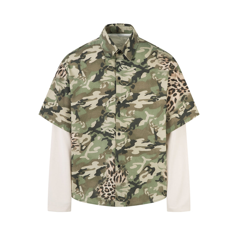 Front view of camo and leopard layered short-sleeve shirt with cream long sleeves