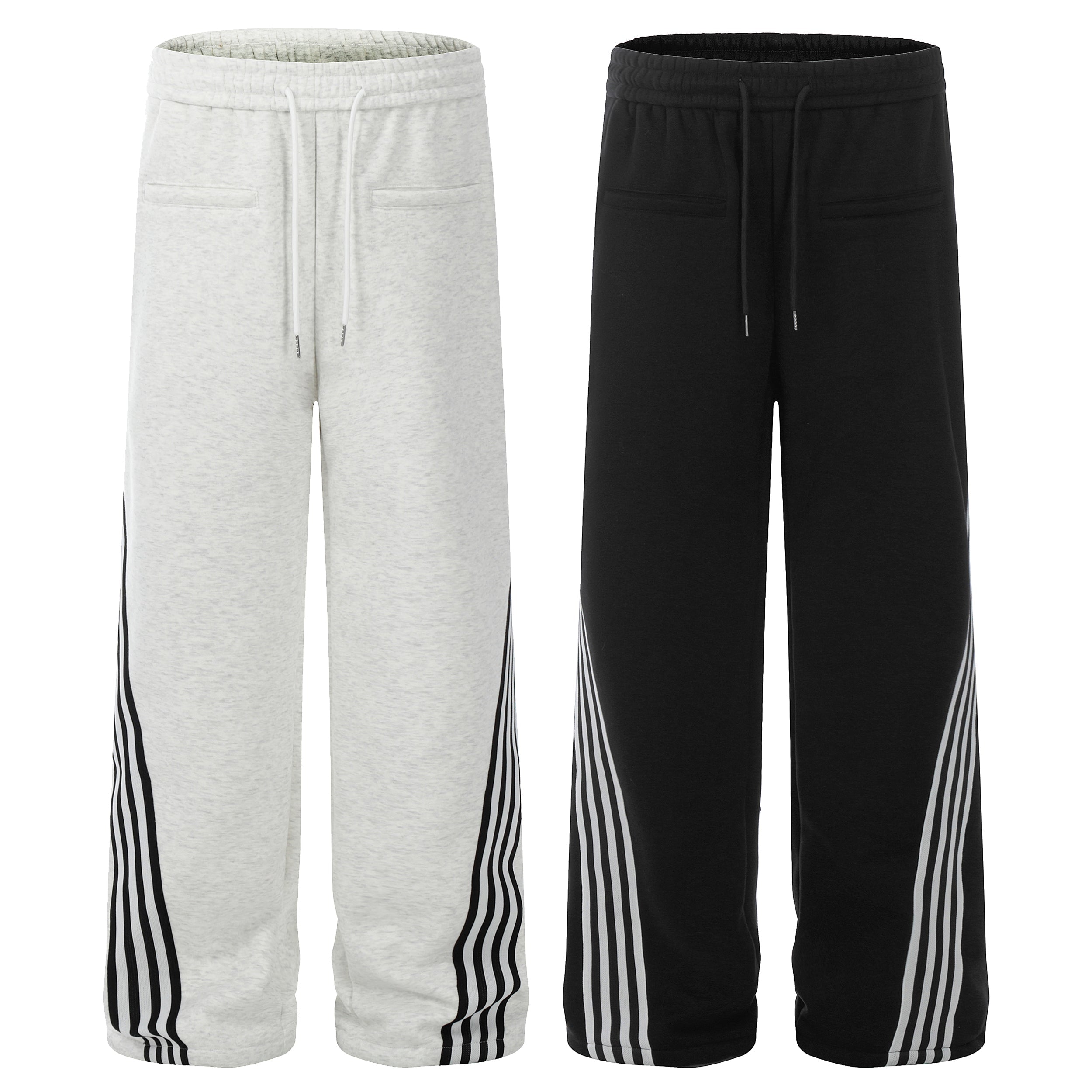 Light grey wide-leg sweatpants with curved black gradient side stripes and white drawstring waistband, flat lay product shot