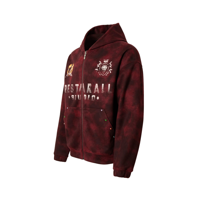 Three-quarter front view of burgundy hoodie with printed logo and front pockets
