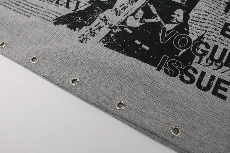 Gray gothic graphic tee hem with black collage print and metal eyelets