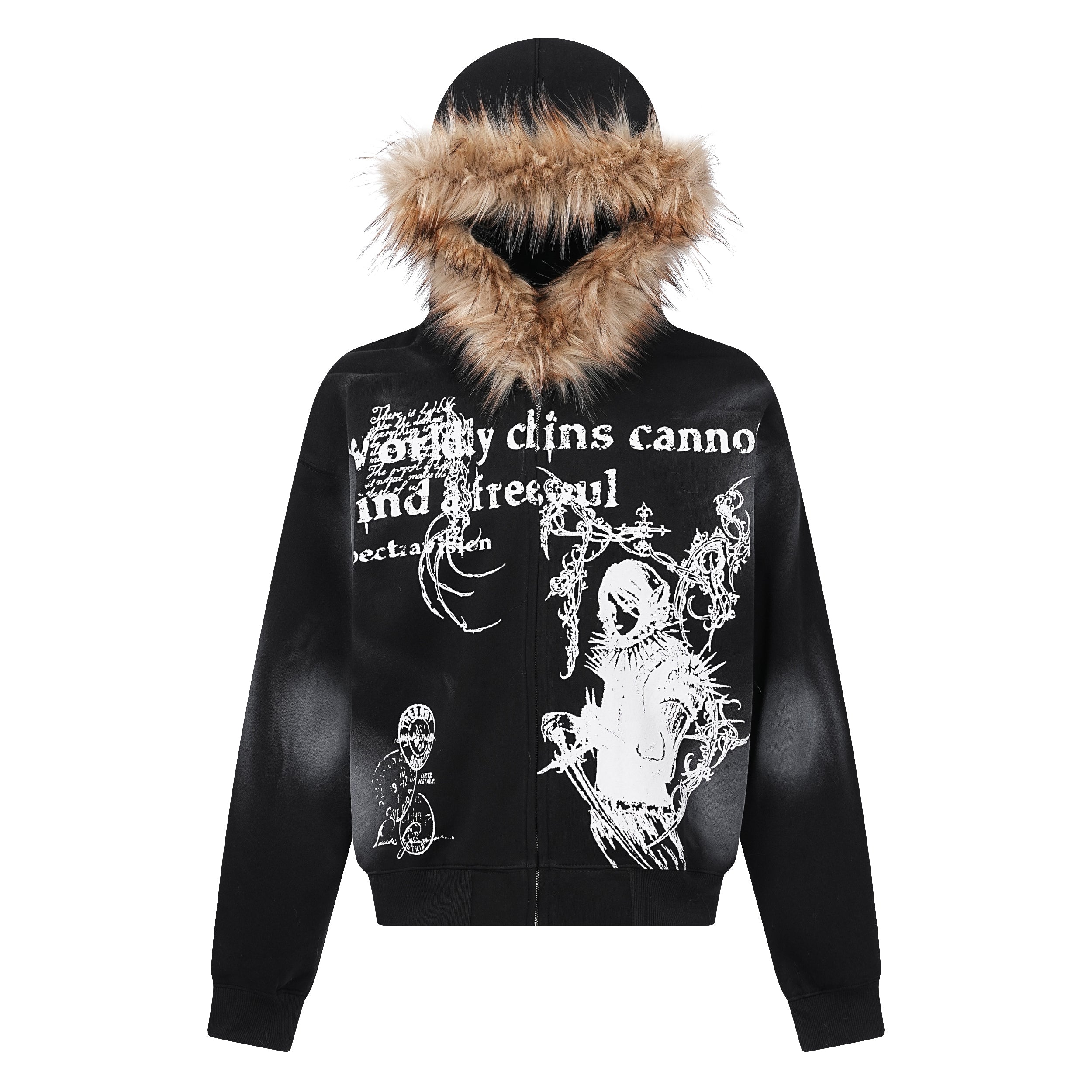 Gothic Fur-Trim Zip-Up Hoodie | Dark Graphic Street-Goth