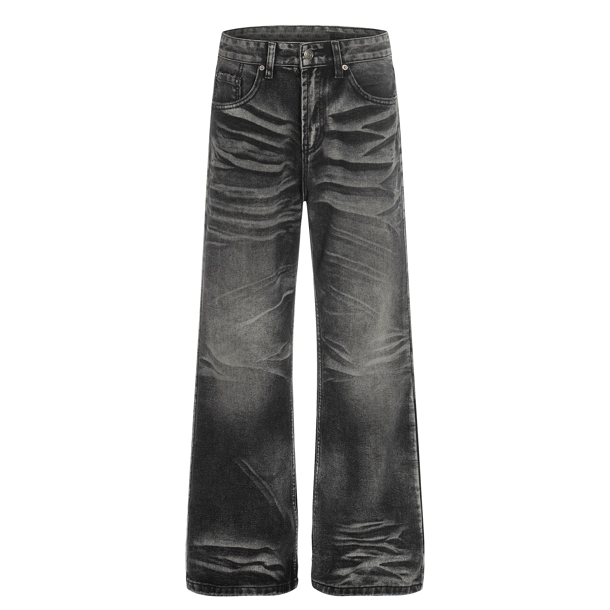 Front view of charcoal grey washed wide-leg denim pants with crease and fade effects on white background