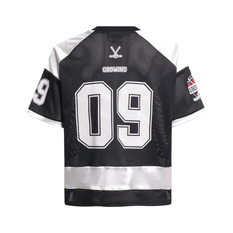 Black varsity mesh hockey jersey T-shirt with large white number 09, silver sleeve accents, and streetwear styling