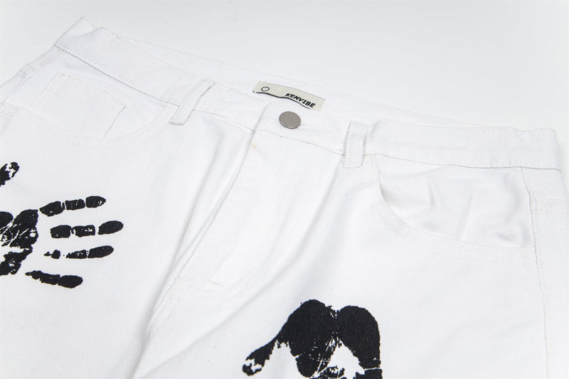 Omirad Handprint White Denim Pants | Wide-Leg Street Style