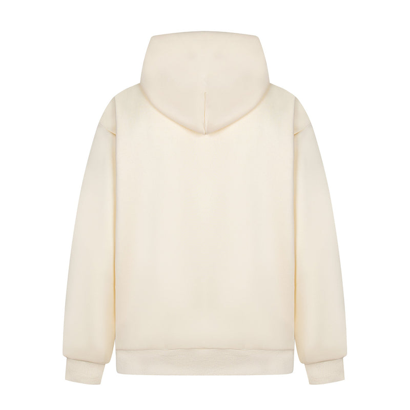 Cream zip hoodie back view with plain hood and ribbed hem