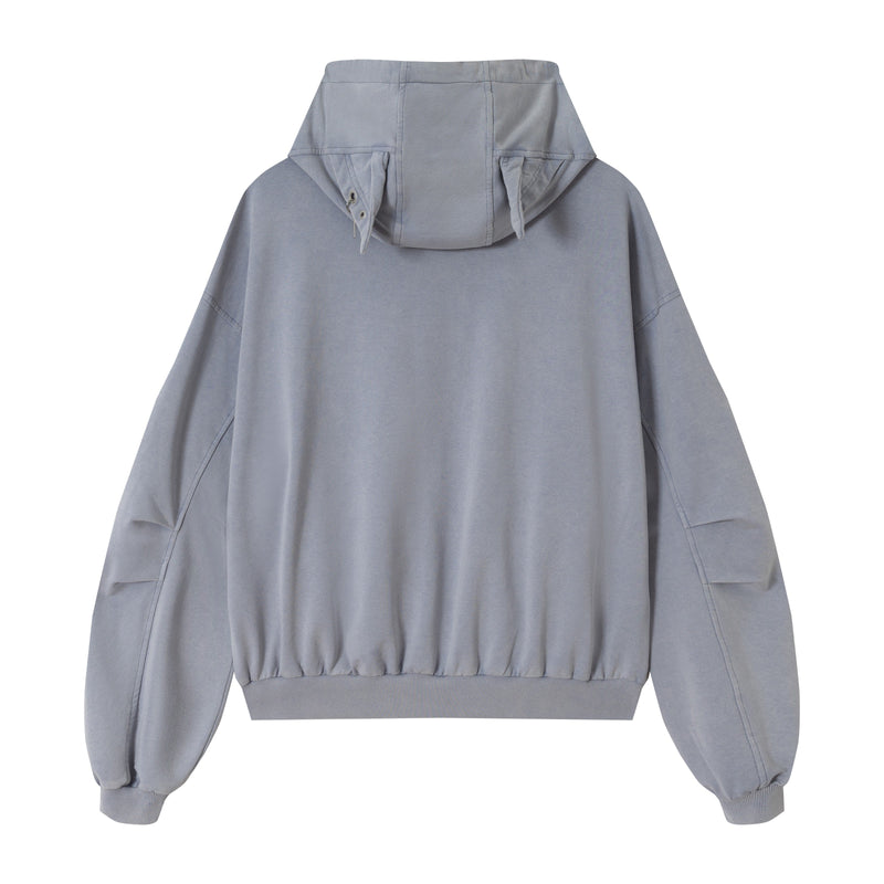 Gray zip hoodie back view with plain hood and long sleeves