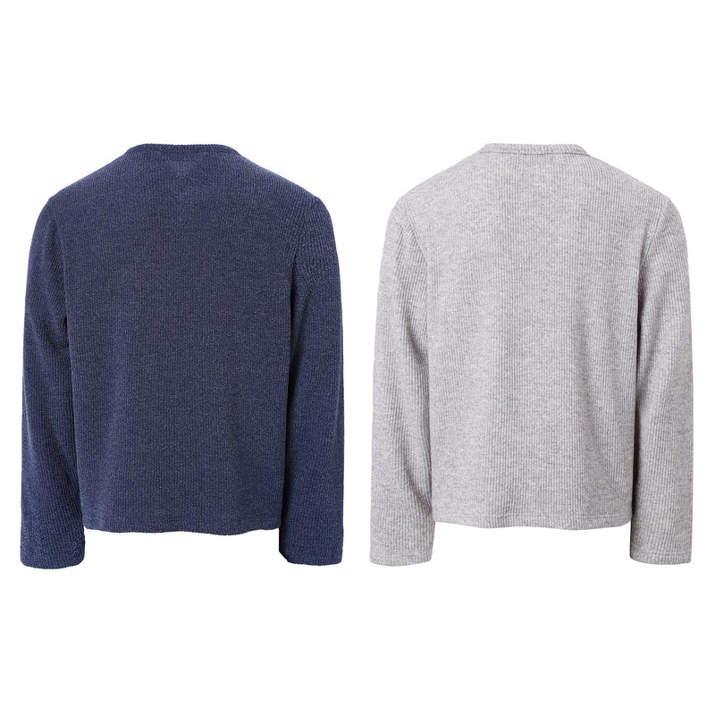 Back view of ribbed long-sleeve henley tee in navy and heather gray