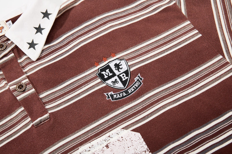 Brown striped rugby polo shirt with white collar, crest embroidery, and retro 90s varsity styling