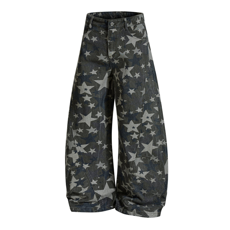 Front view of star print barrel leg jeans in dark vintage wash denim