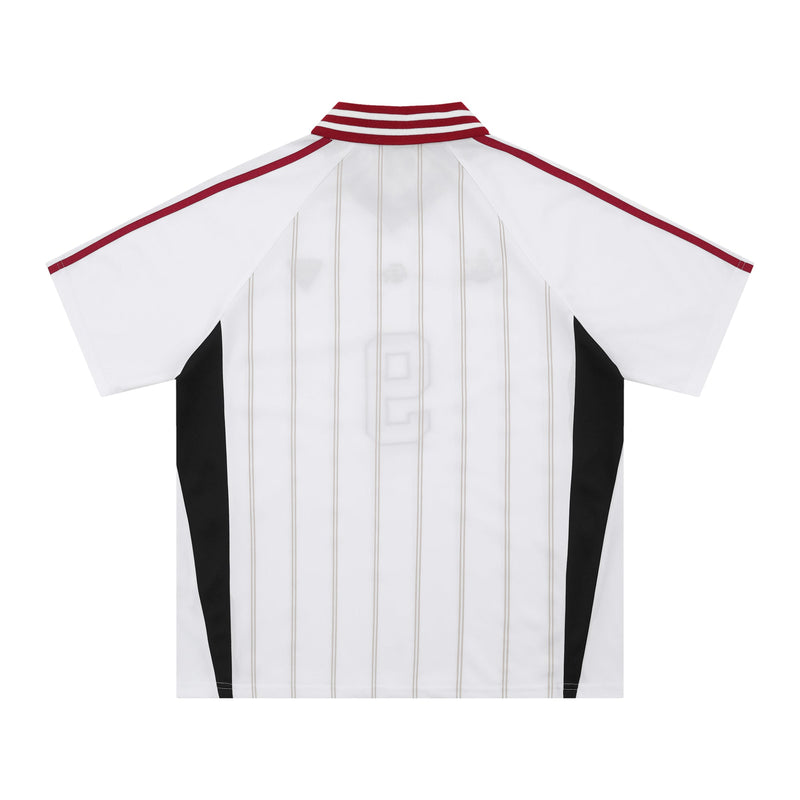 White mesh soccer jersey polo with red striped collar, black side panels, and vertical pinstripes on a clean white background