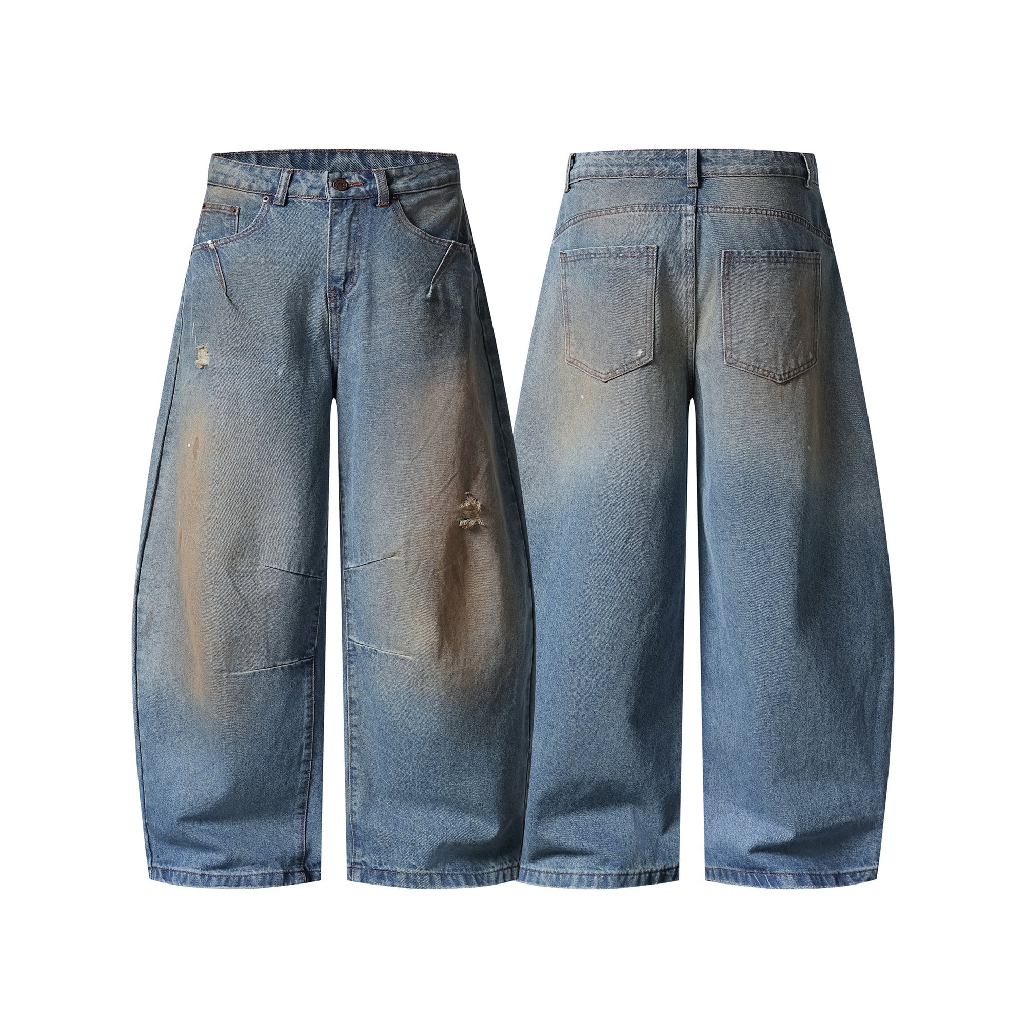 Front and back view of blue wide-leg distressed jeans with vintage wash and earthy mud-toned staining details
