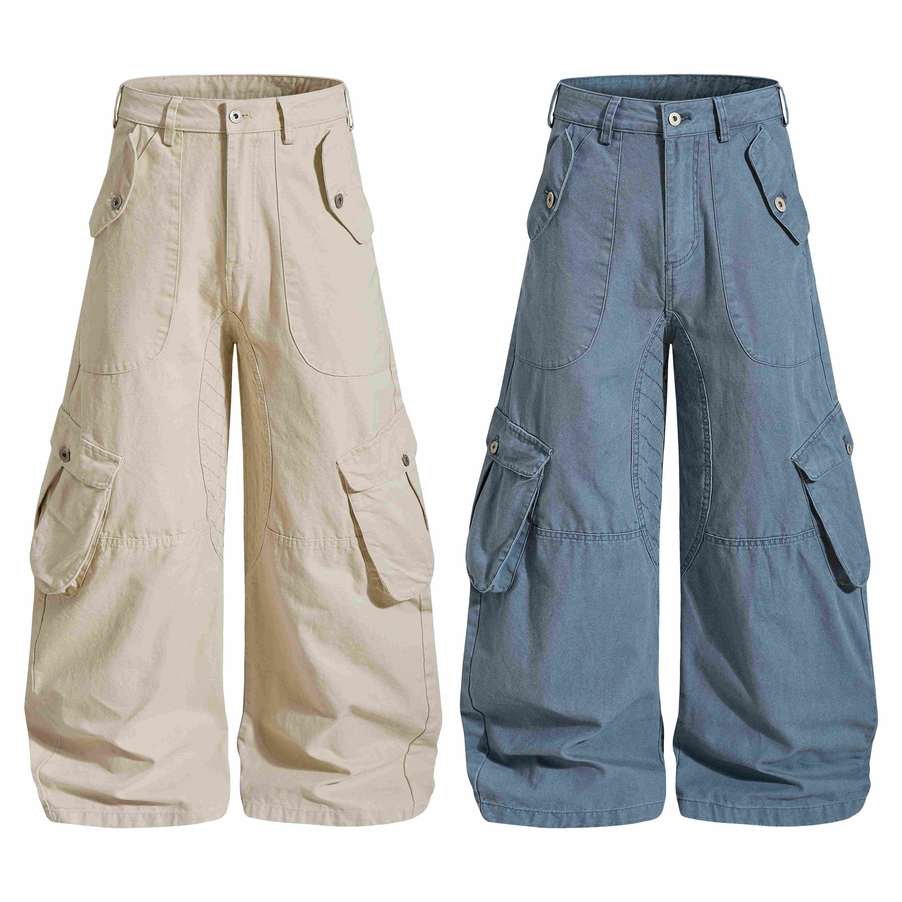 Omirad utility baggy cargo pants in beige and washed blue, wide-leg silhouette with large flap pockets, front view