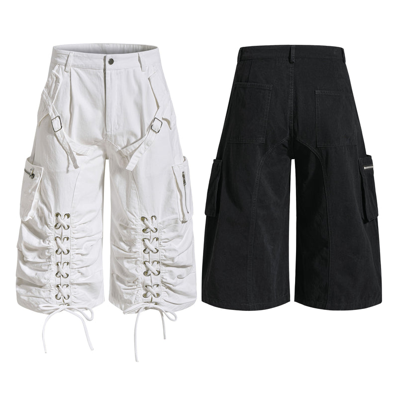 White and black utility cargo shorts with lace-up leg details, front and back views