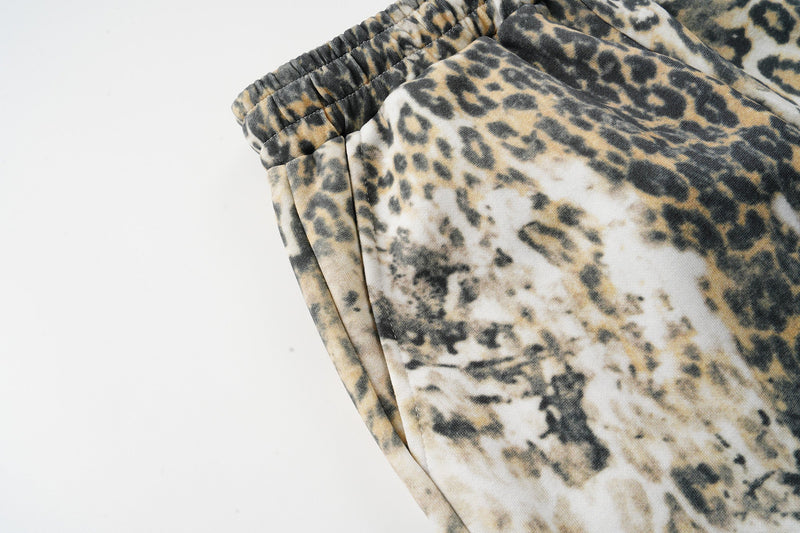 Close-up of front leg seam and leopard print fabric on wide-leg pants