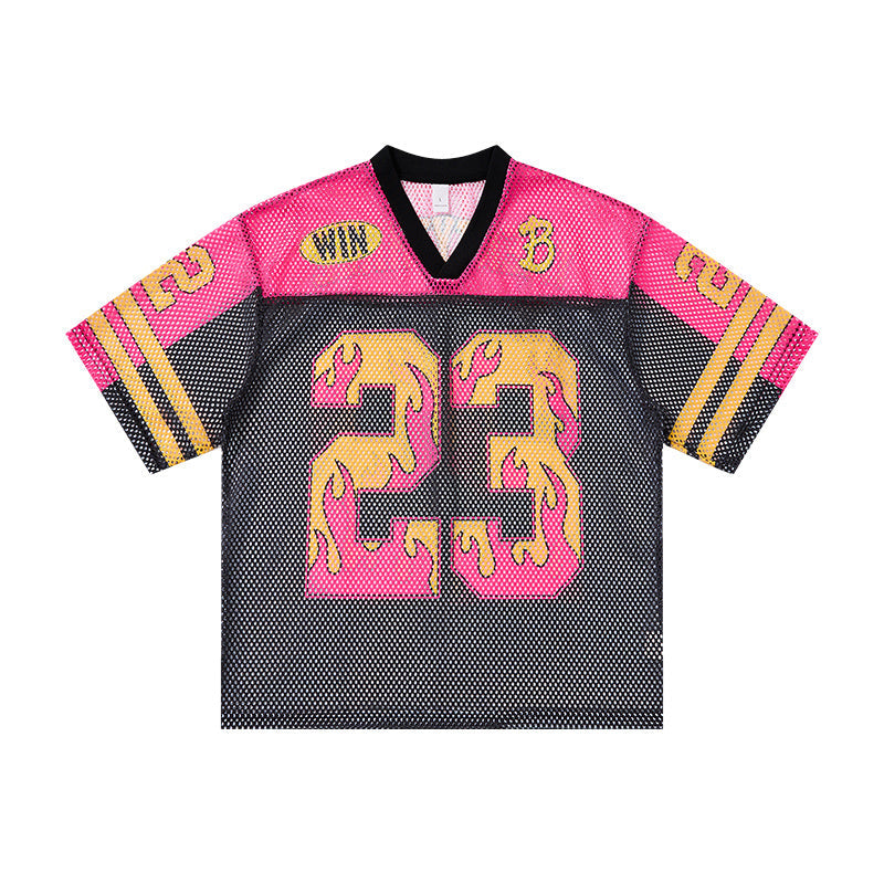 Omirad Flame 23 mesh jersey t-shirt in pink and black with gold flame number 23 graphic, flat lay front view