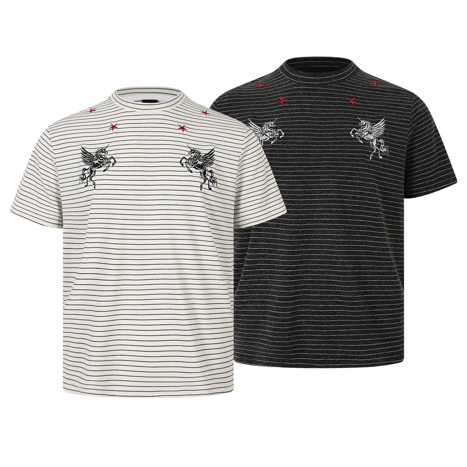 Off-white striped cotton t-shirt with dual Pegasus embroidery and red star accents on the chest