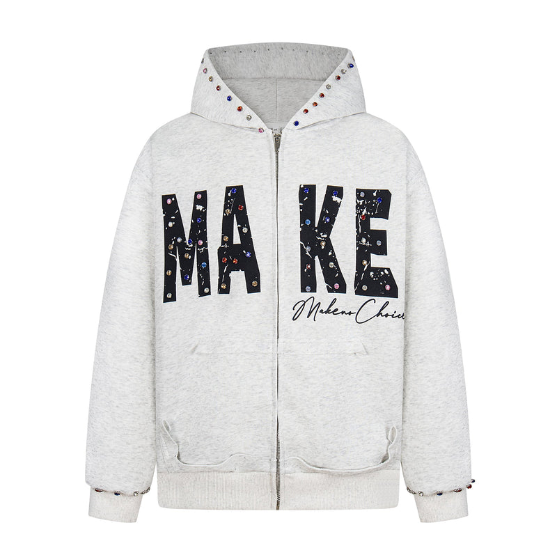 Light gray studded zip hoodie front view with MAKE lettering and hood trim studs
