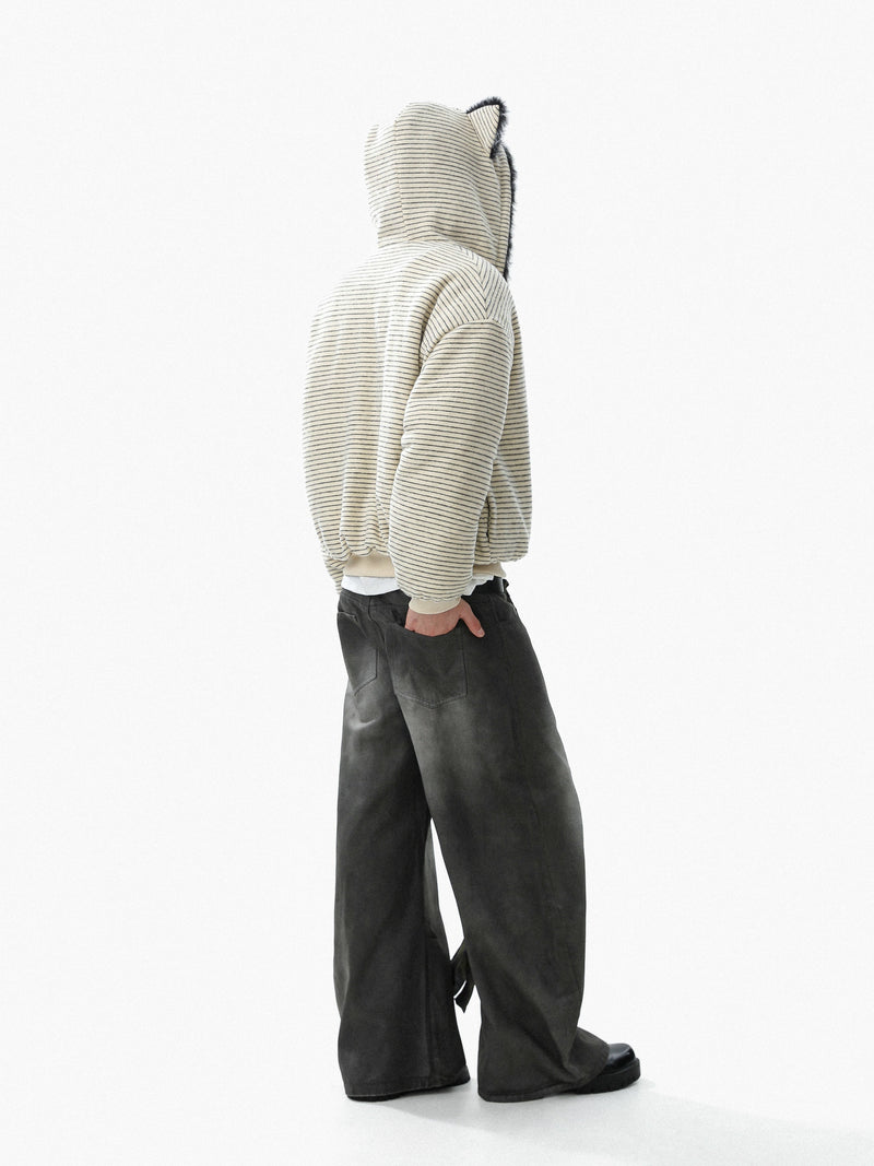 Faux-Fur Lined Striped Zip-Up Hoodie Jacket | SEAKOFF