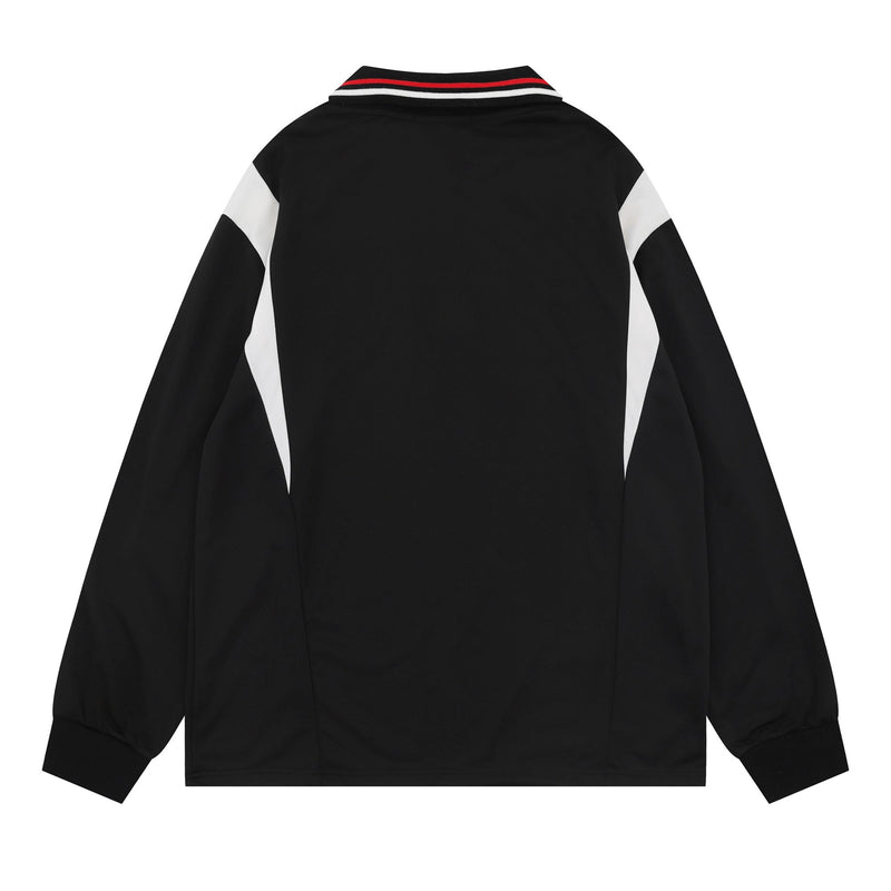Back view of black long-sleeve polo jersey with white sleeve panels and striped collar